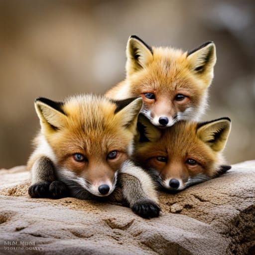 Baby Foxes Snuggling in a Cave: Portrait Photography