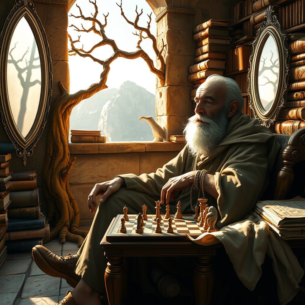 Wise Old Man in Ancient Library Setting