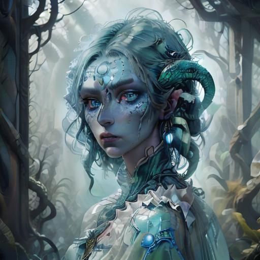 Scaly Monster Woman Portrait with Blue Hair