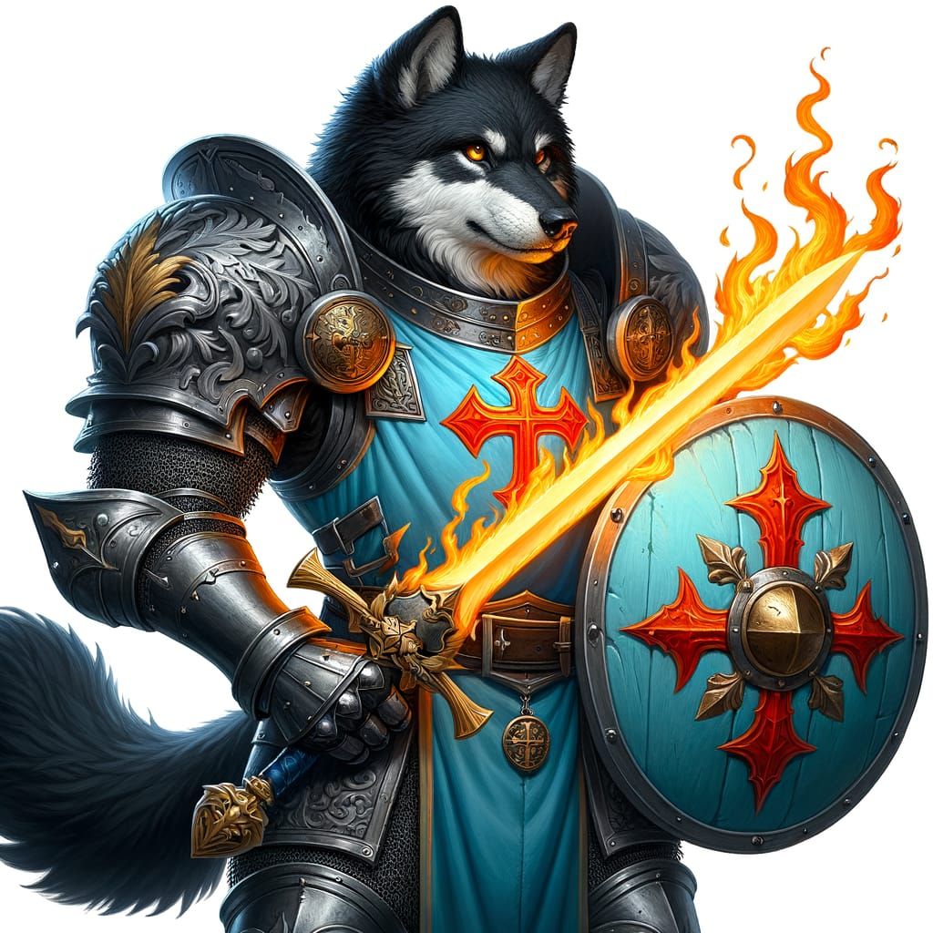 Armored Black Wolf with Flaming Sword and Shield