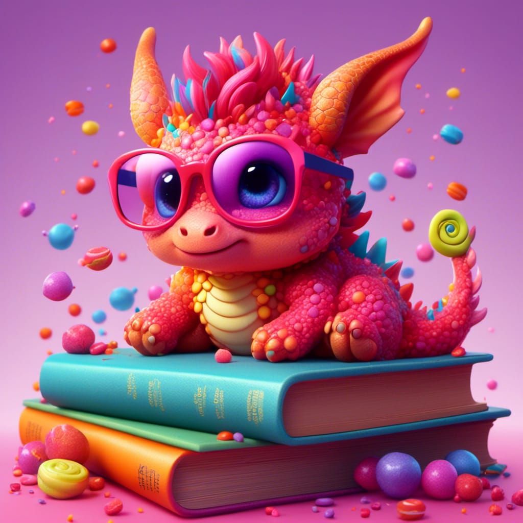 Baby Dragon Reading Books in Candy Art Style