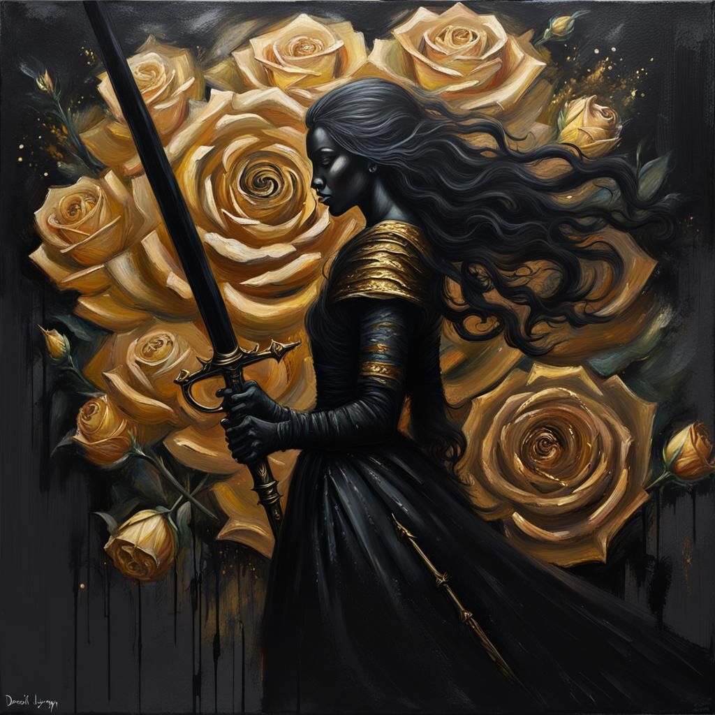 Queen of Swords Painting with Golden Highlights