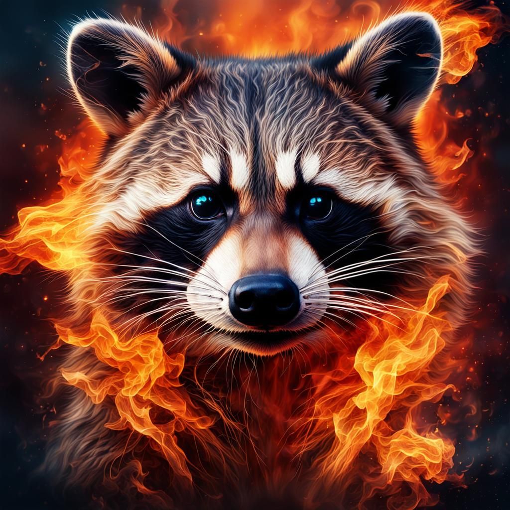 Raccoon Face Reflecting Raging Fire: Double Exposure