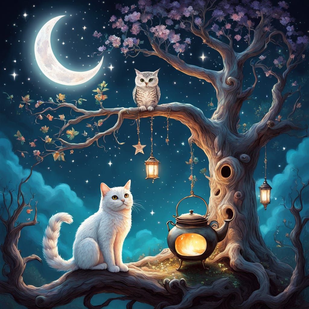 Enchanted Tree with Owl, Cat and Mage in Fantasy Art