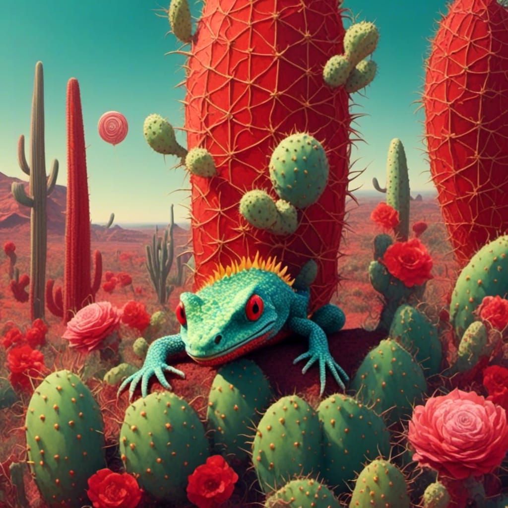 Lizard and Lollipop in Psychedelic Cactus Desert