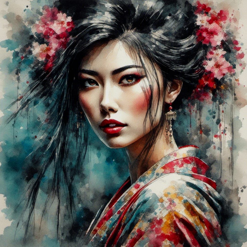 Beautiful Geisha Ninja Warrior Acrylic Painting