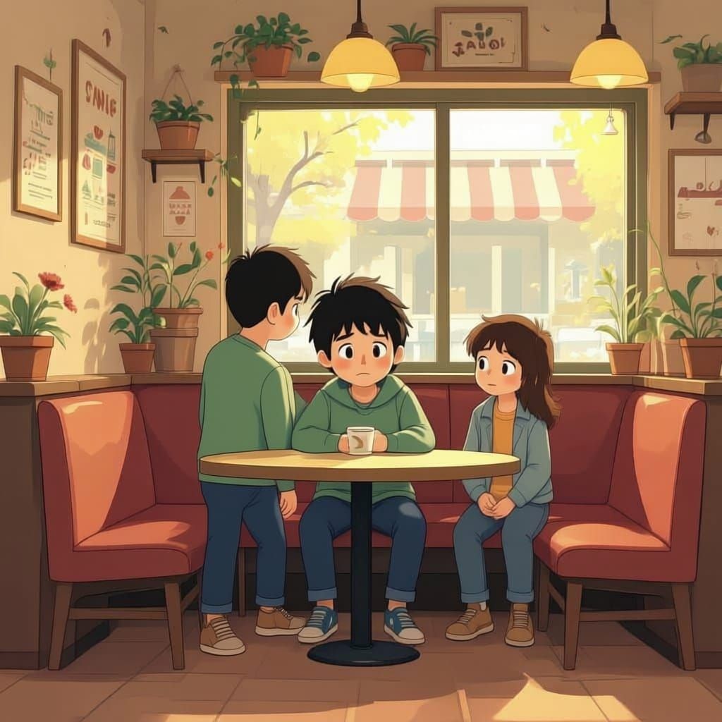 Cartoon Boy Anxiously Judged by Peers in Cute Cafe