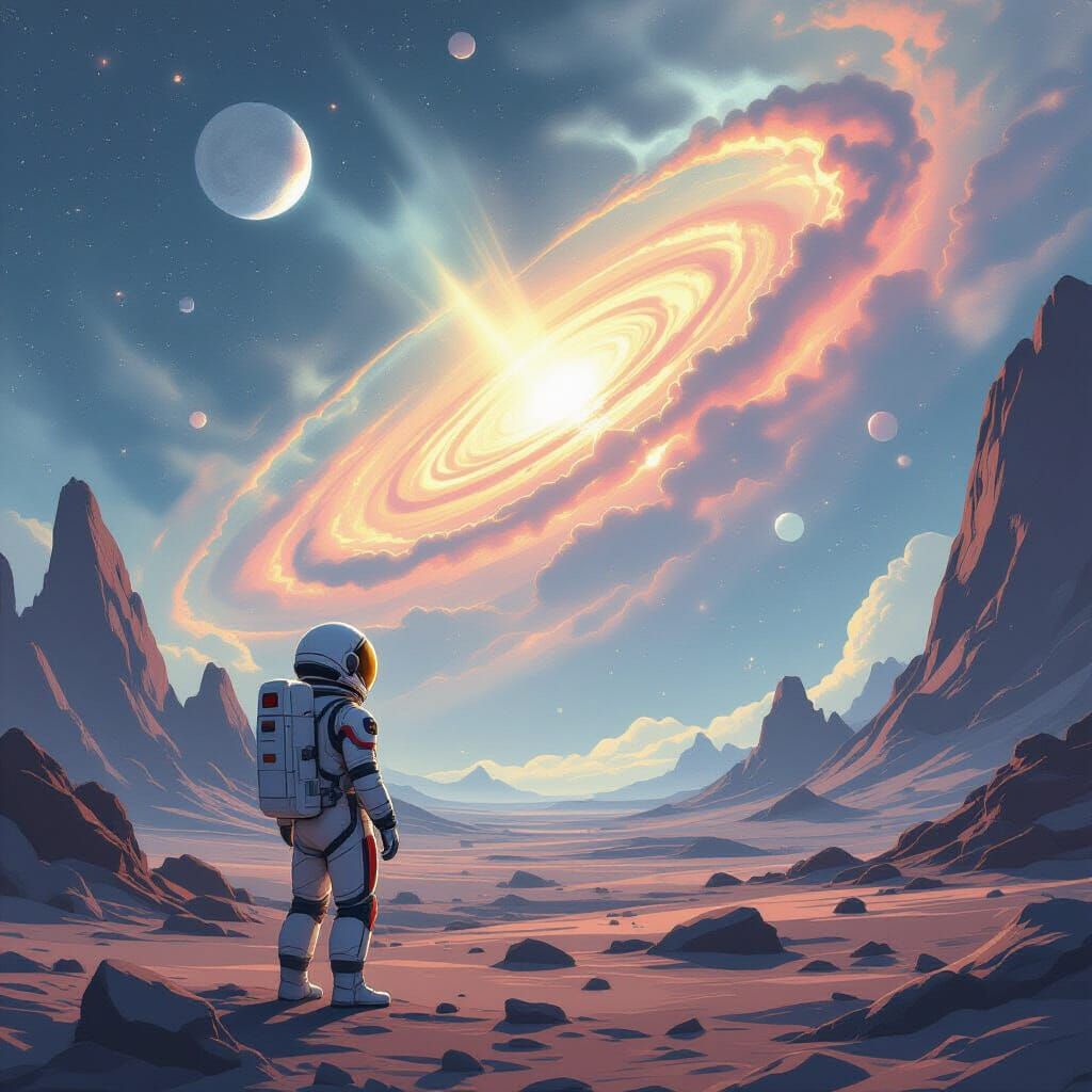 Astronaut Gazes at Nebula on Alien Planet