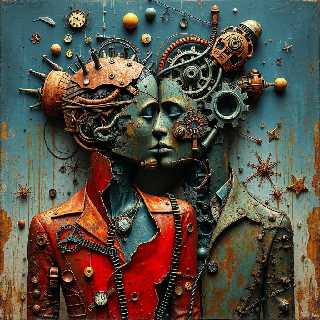Surrealistic Fragmentation in Thick, Rusty Textured Art