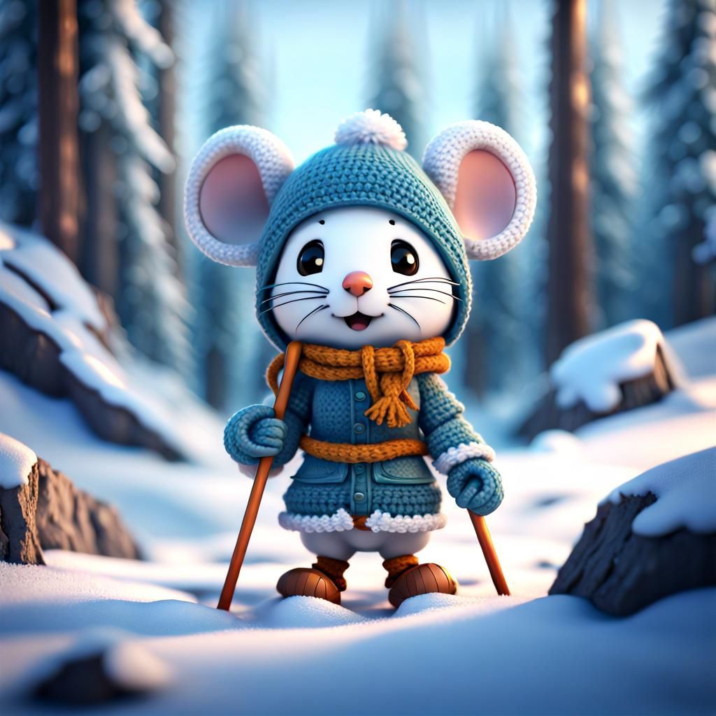 Cute Crochet Mouse Skiing in Snowy Mountains