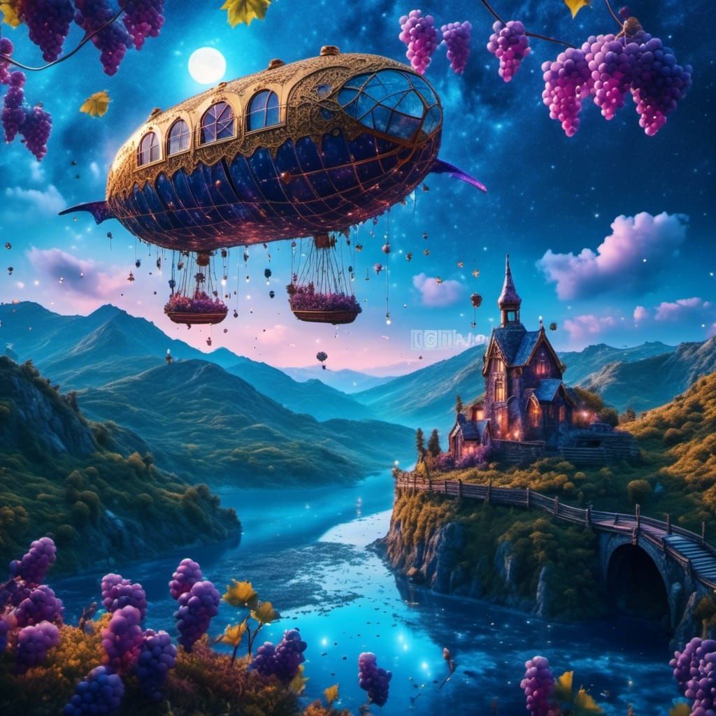 Whimsical Whale Airship Fantasy Island Illustration