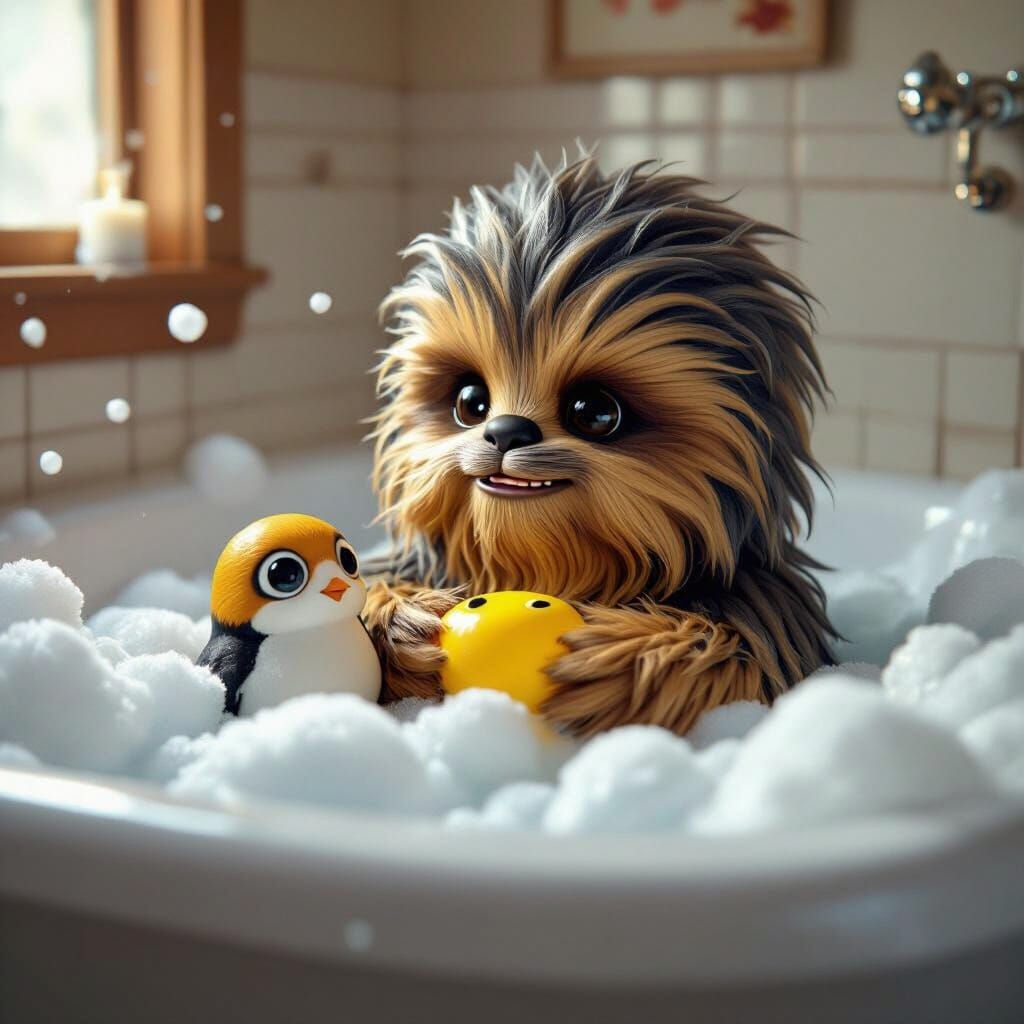 Adorable Furry Wookiee Enjoys Bath Time With Rubber Porg