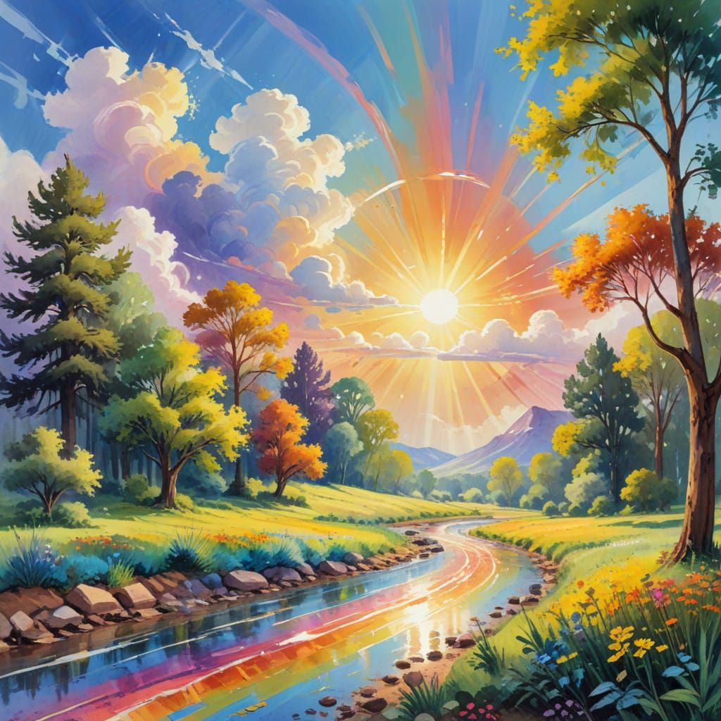 Vibrant Impressionist Masterpiece of a Sunny Day Rainbow
