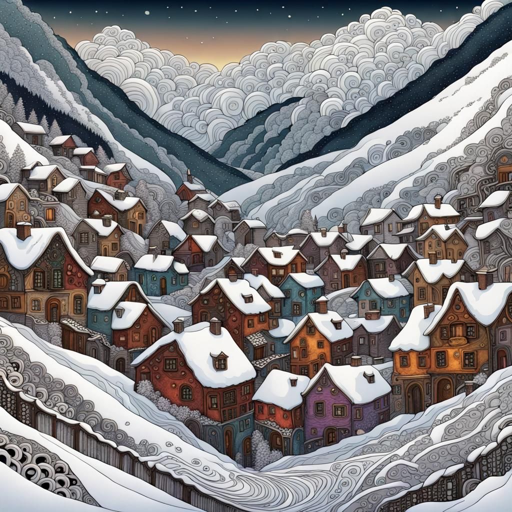 Avalanche Consuming Village in Klimt-Inspired Steampunk Styl...