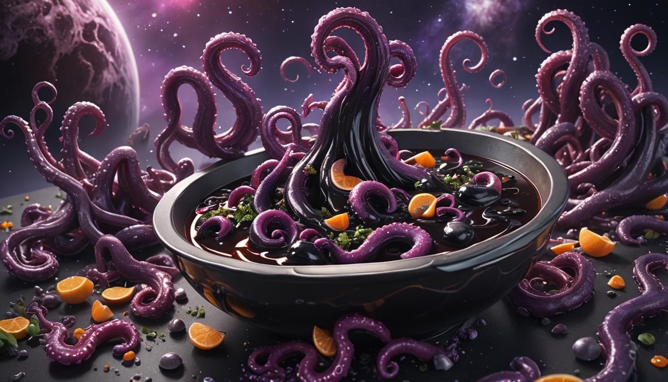 Bowl of Soup with Purple Tentacles in Space