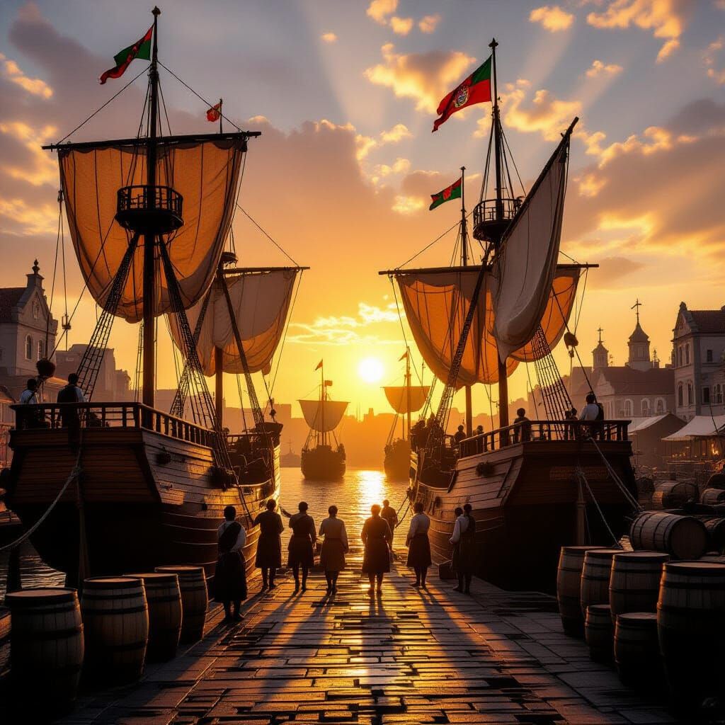 15th Century Harbor Sunrise: Galleons Prepare for Voyage