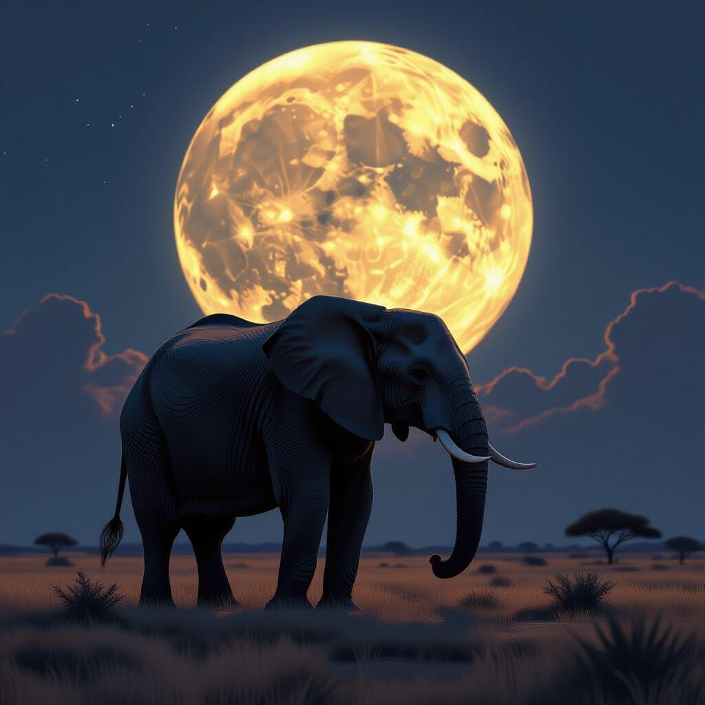 Majestic Elephant Under Harvest Moon on African Safari