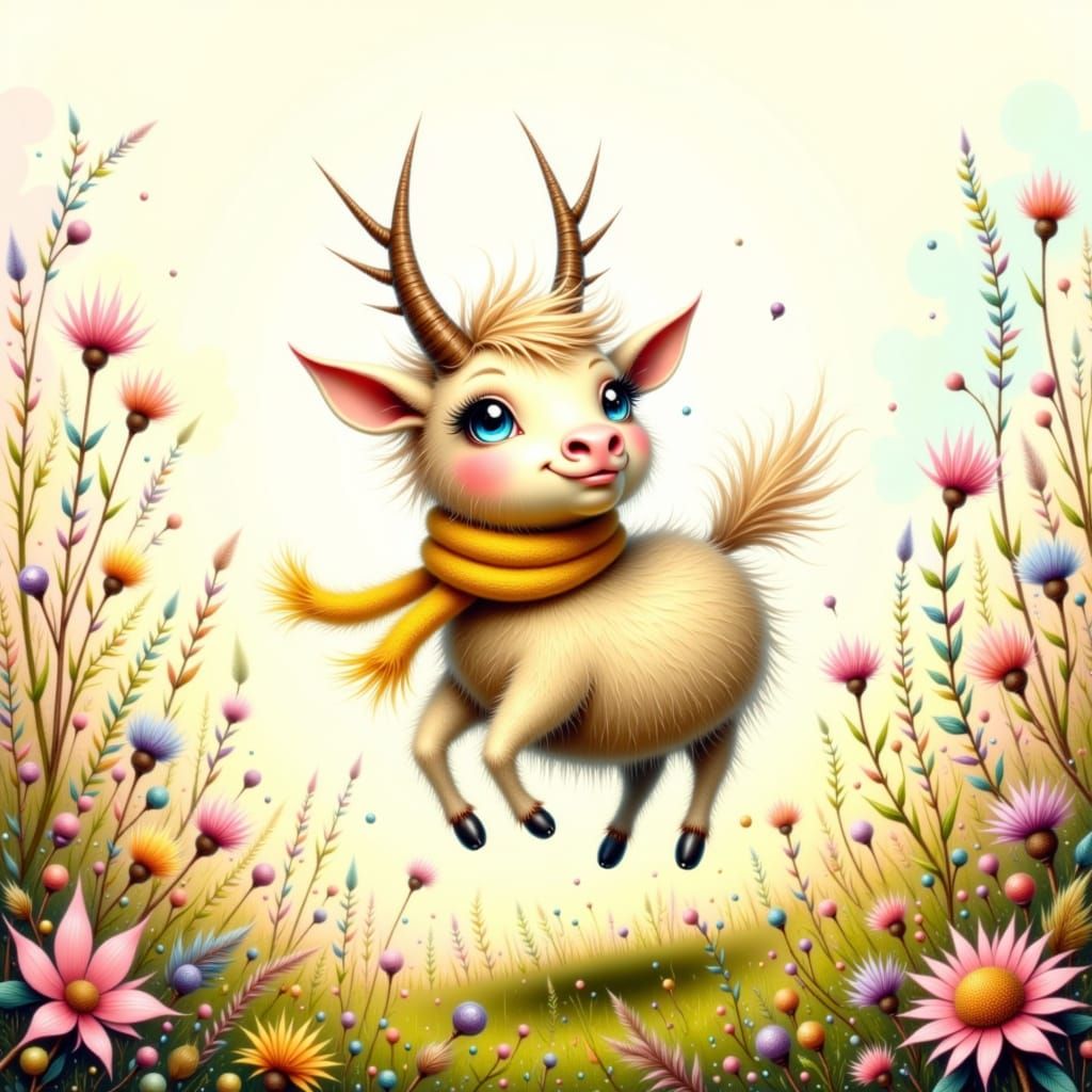 Mr. Tiny Hooves Bouncing in Meadow, Folk Art Style