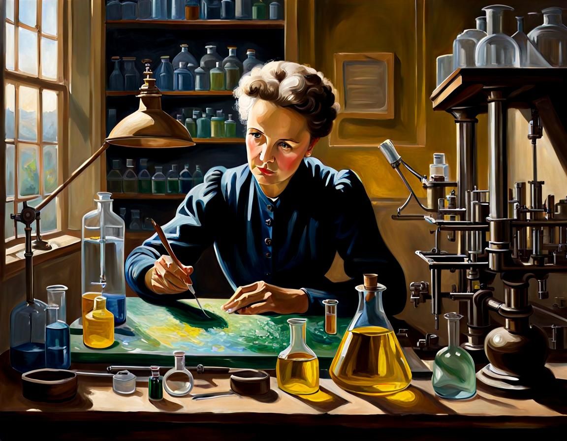 Marie Curie in Laboratory: Hyperrealistic Oil Painting