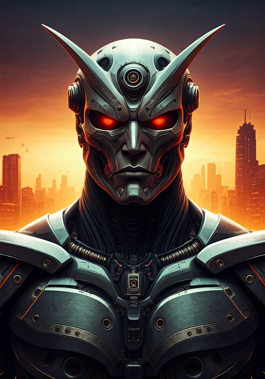 Cyborg Samurai in Dystopian Cityscape, Anime CGI Style