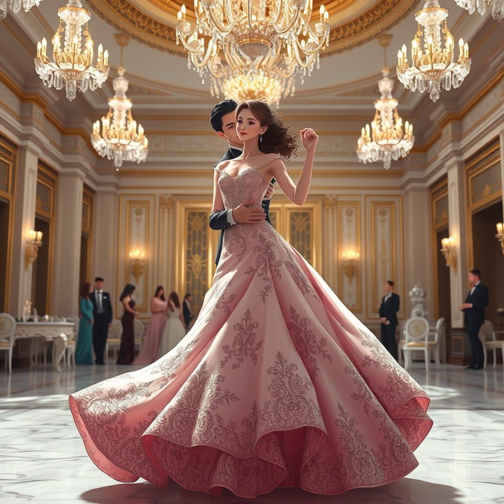 Elegant Anime Ballroom Scene in Vibrant 8k