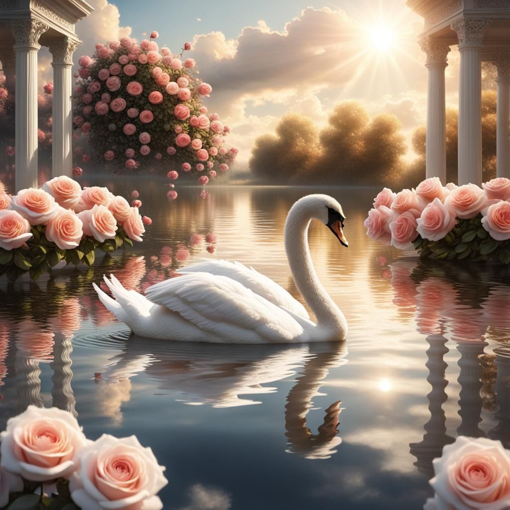 Swan Family on Rose-Lined Lake: Digital Painting