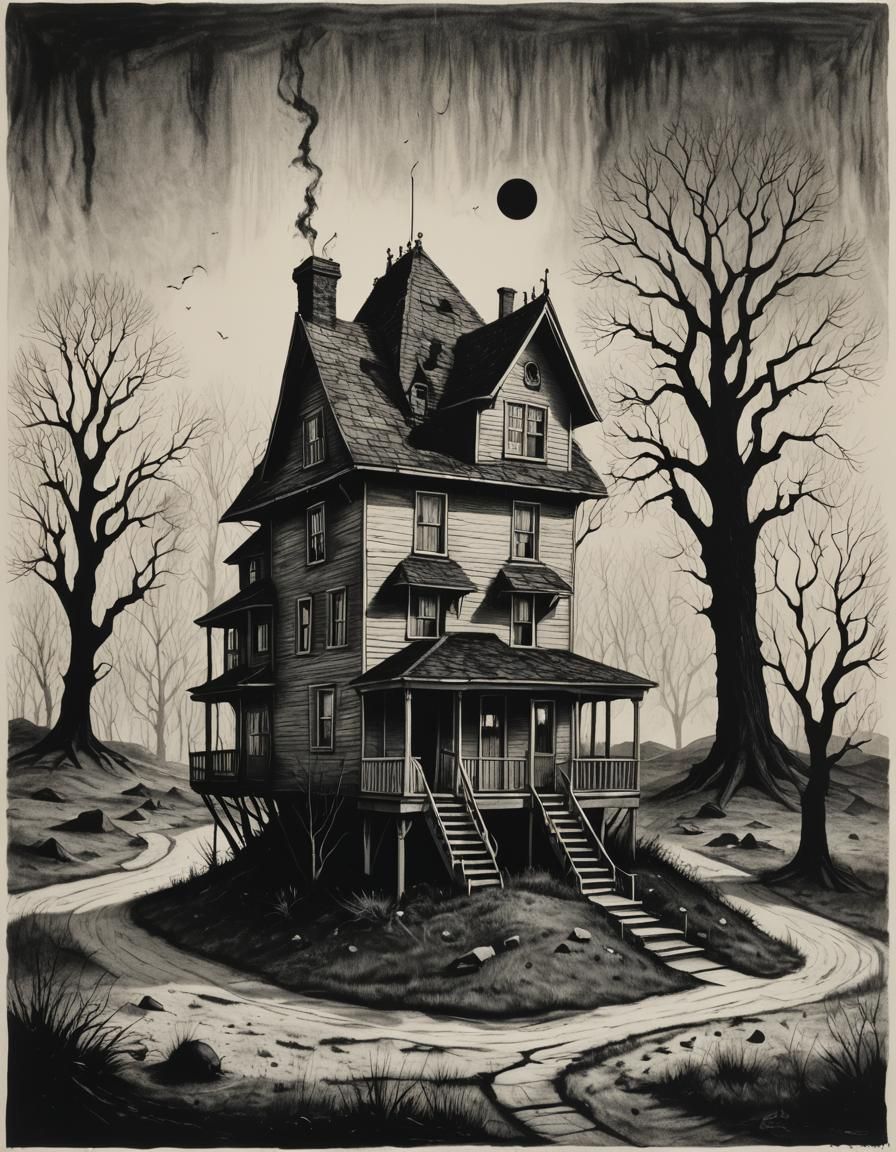 Surreal Little House: Black and White Lithograph