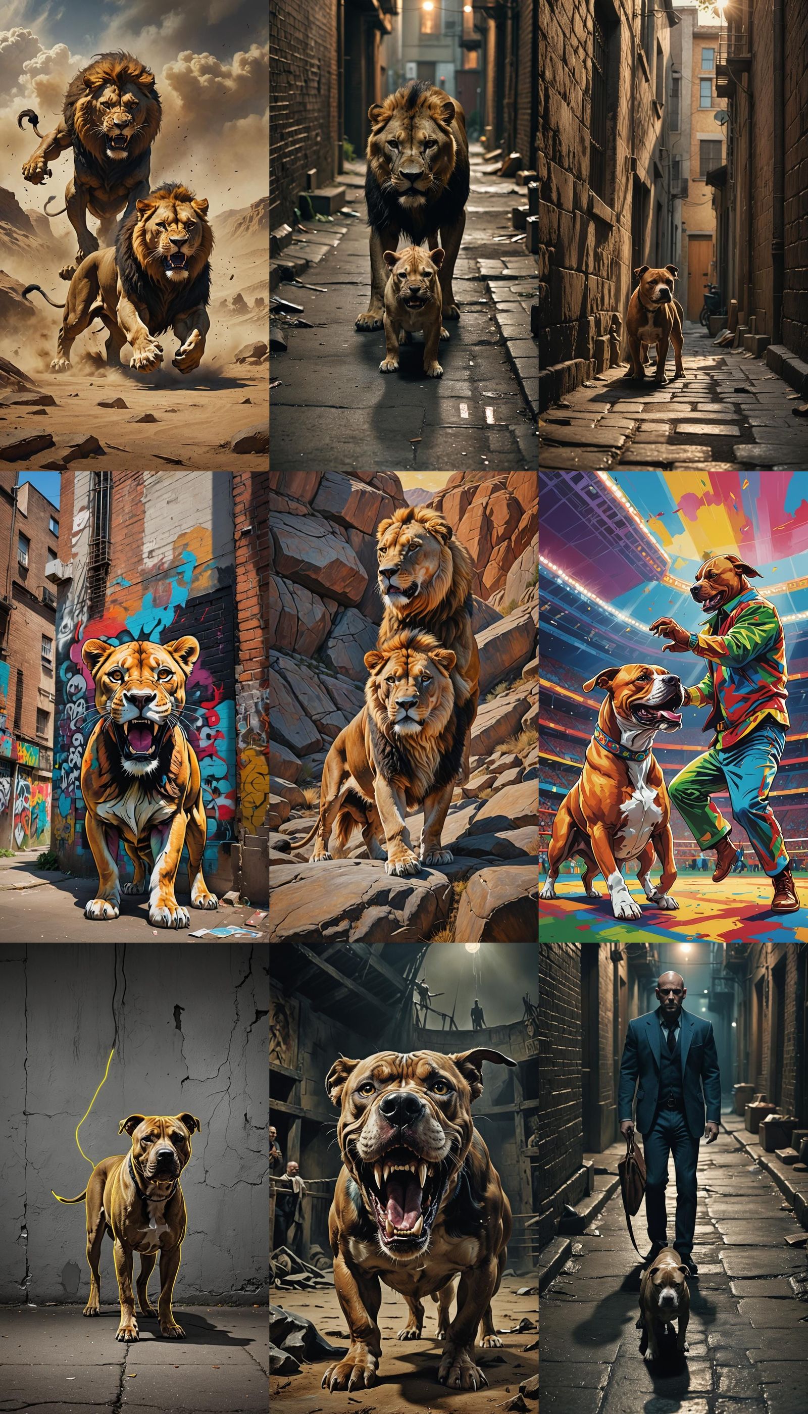 Lion Confronts Pitbull in Tense Standoff