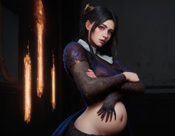 Pregnant Deity Portrait in Grand Library, Digital Art