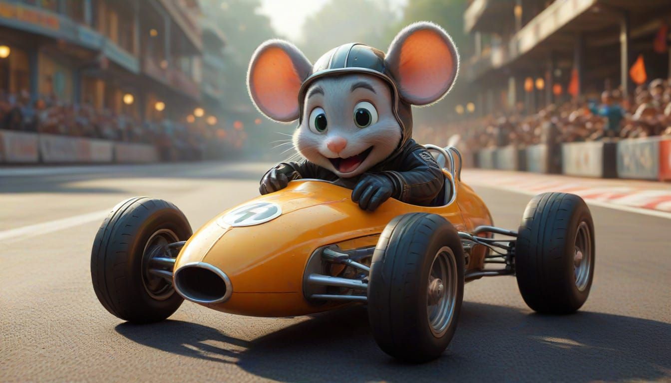 Whimsical Mouse Speeds Around Racing Circuit in 1950s Formul...