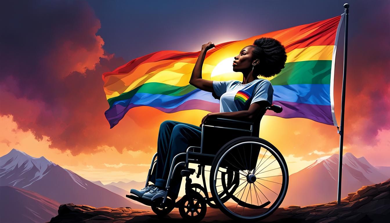 African Woman on Mountain with Pride Flag: Digital Art
