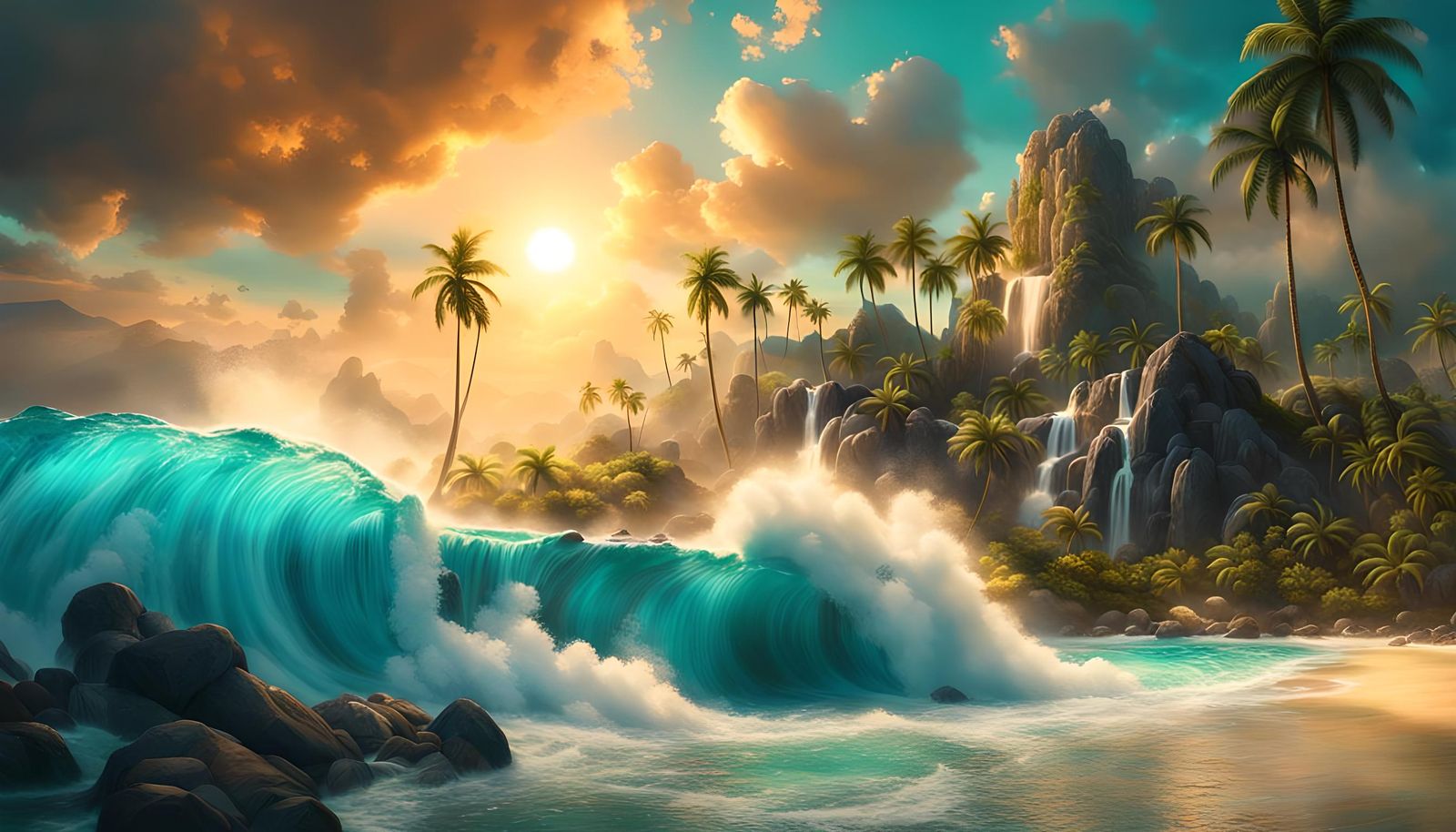 Tropical Island Landscape with Bioluminescent Waves