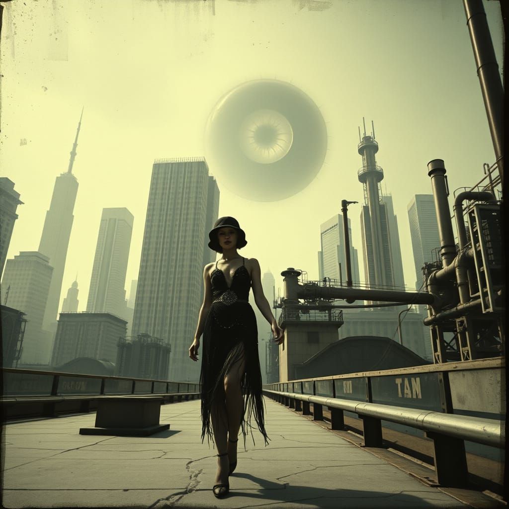 Gritty Art Deco Flapper Girl Walks Dystopian Cityscape