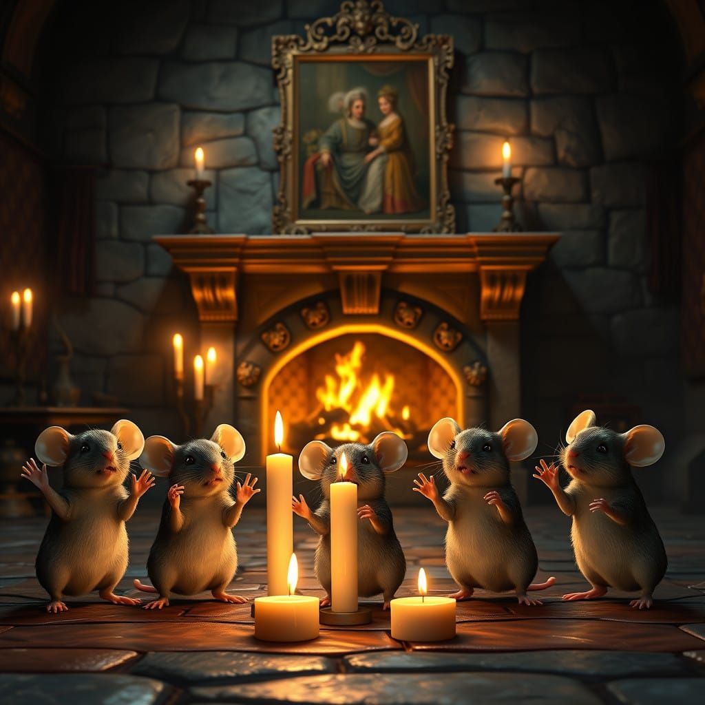Adorable Mice Gather 'Round Candles in Whimsical Castle Scen...