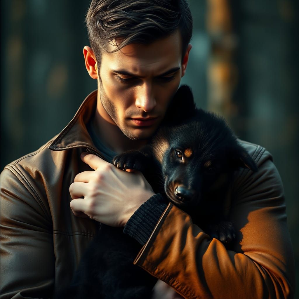 Strong Man Tenderly Holds Black Wolf Pup Close