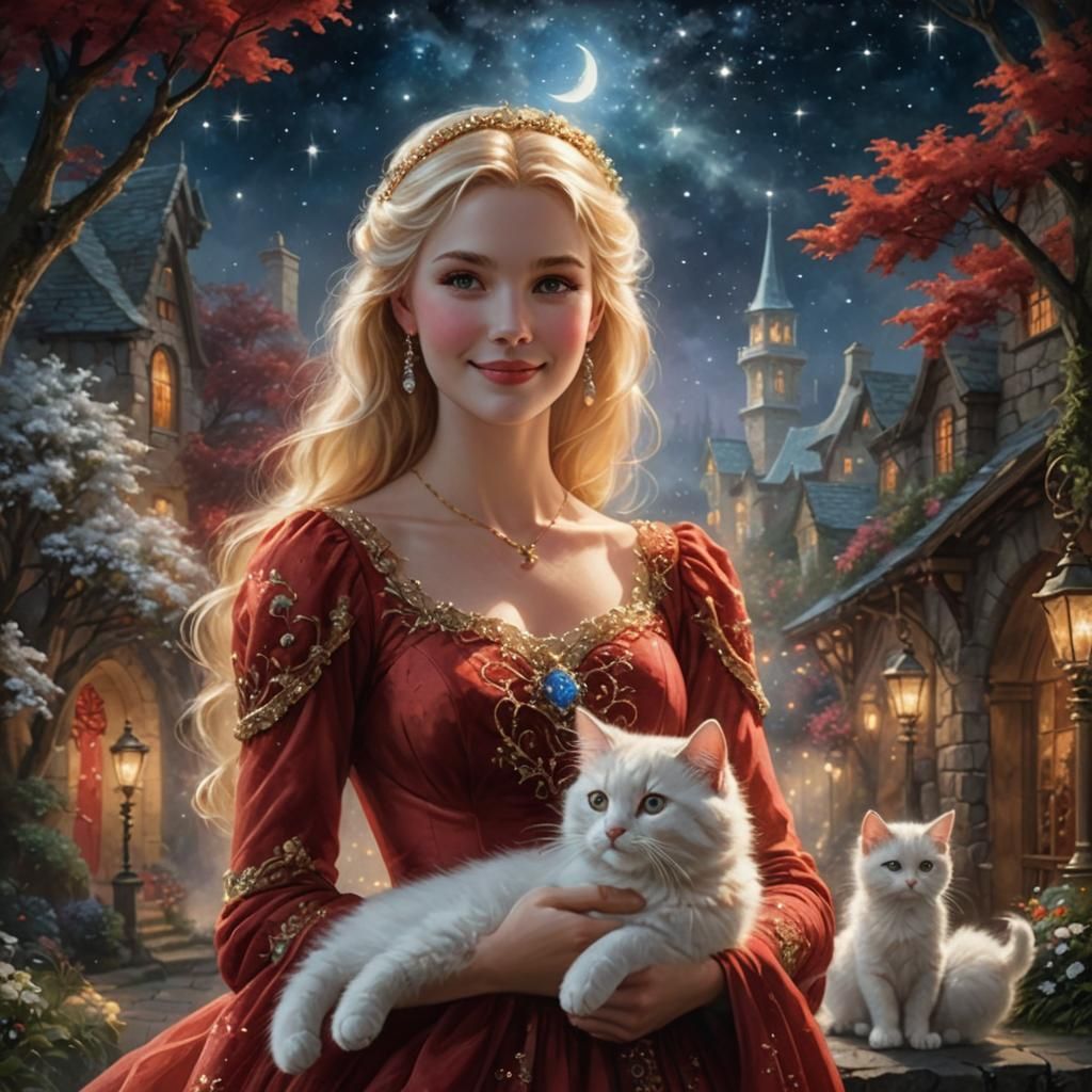 Mystical Lady with White Kitty in Starlight