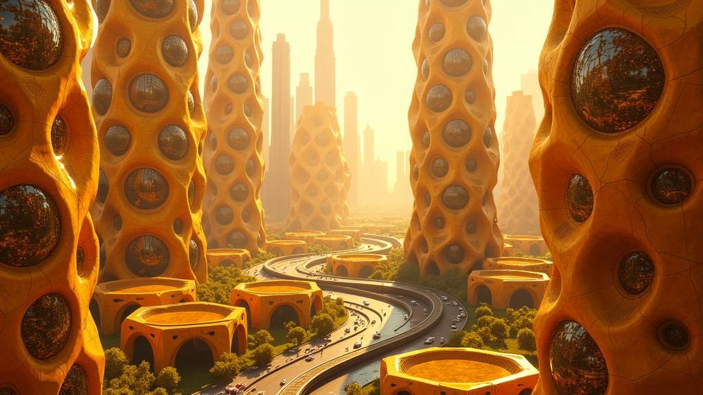 Futuristic Honeycomb Cityscape in Golden Light