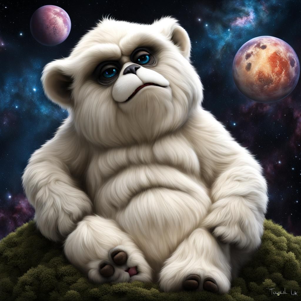 Grumpy Plushie Character in Cosmic Playspace