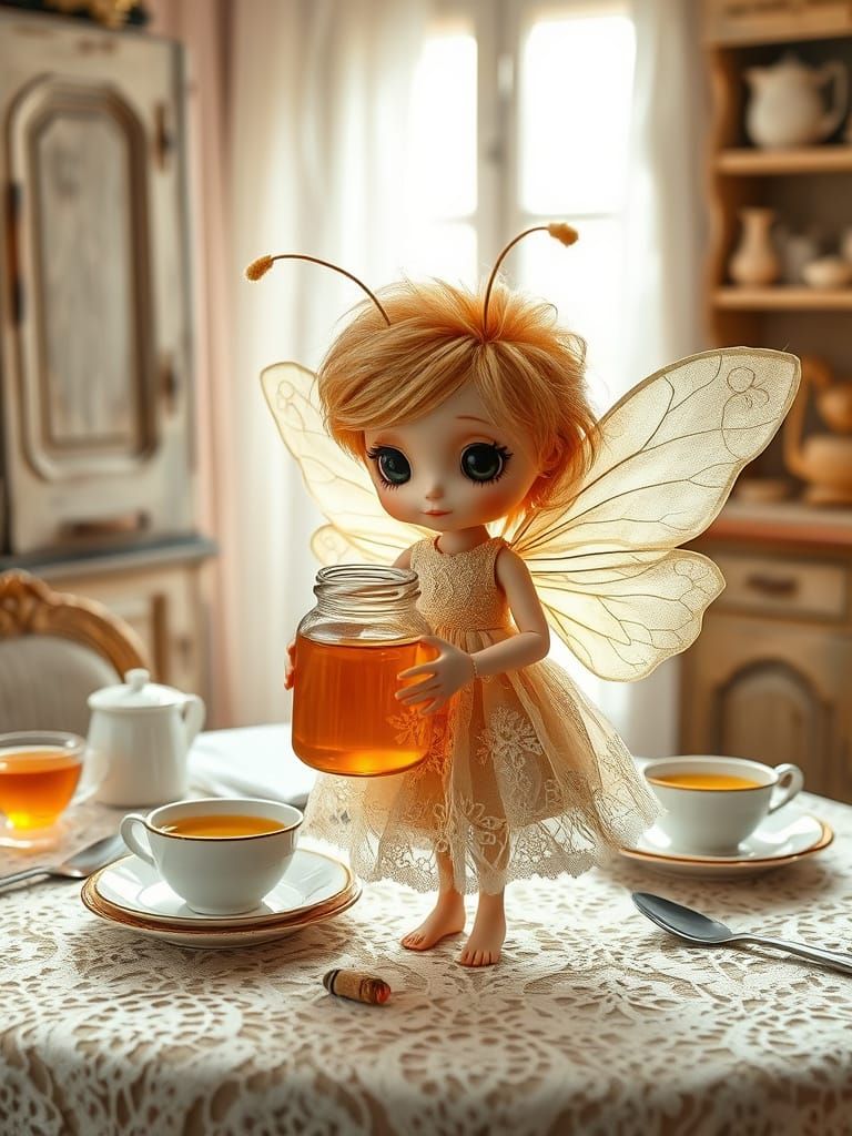 Enchanting Doll-Like Bee Fairy in Whimsical Kitchen Setting