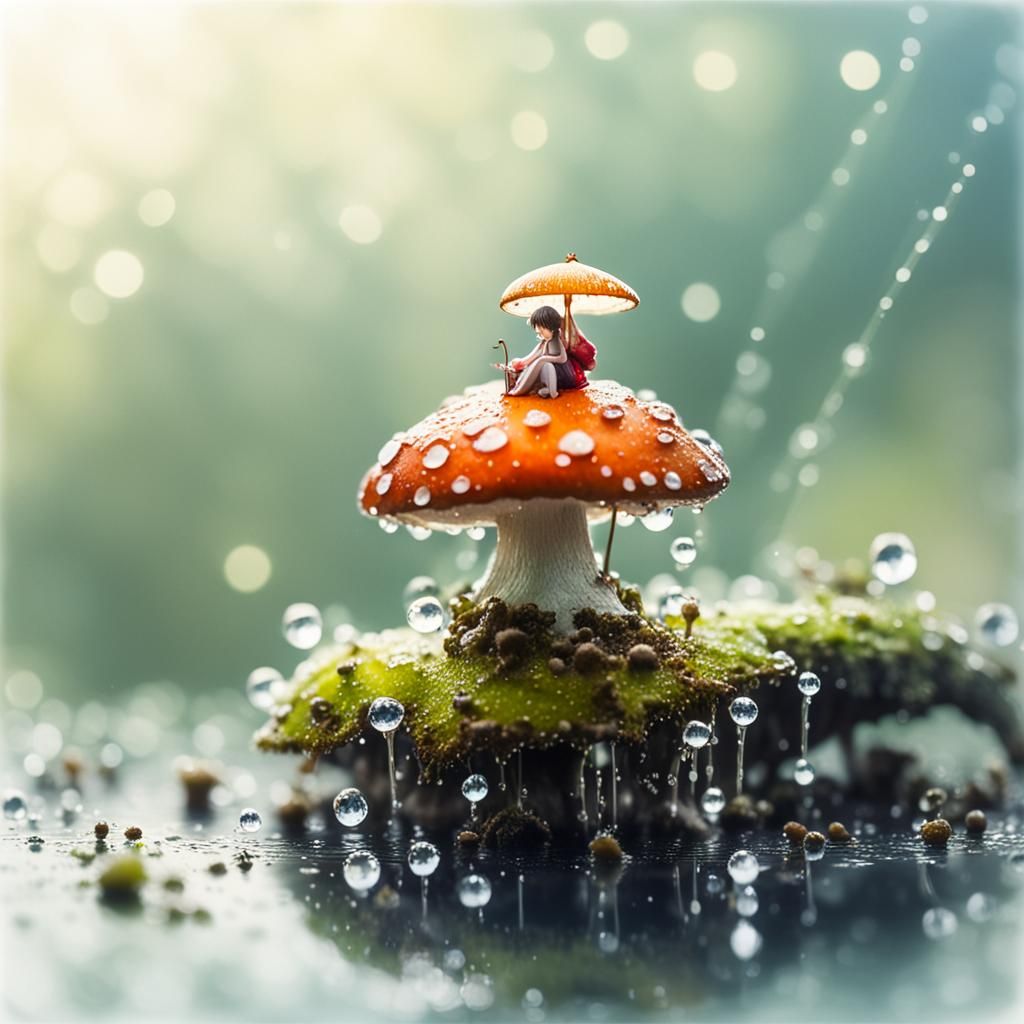 Japanese Fairy on Mushroom in Watercolor Style