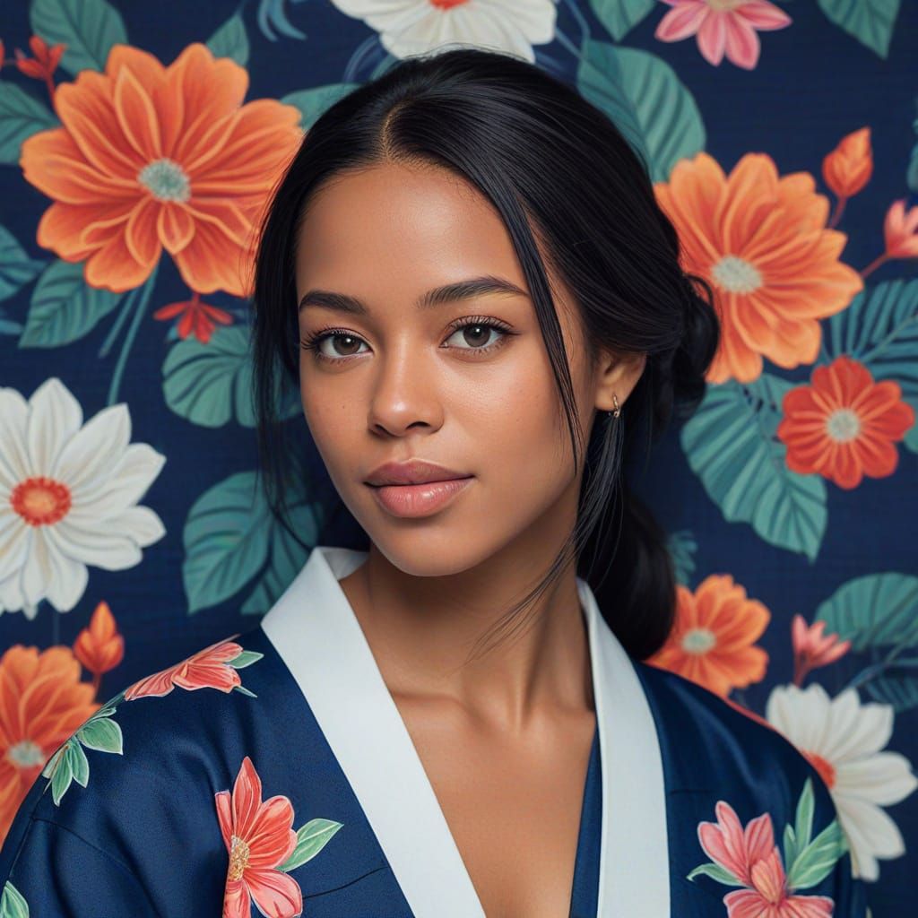 Hyperrealistic Portrait of Aaliyah in Navy-Blue Kimono with ...