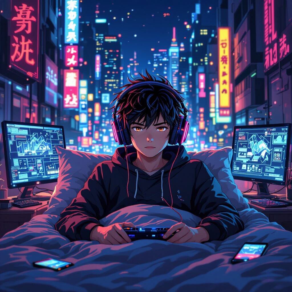 Cyberpunk Anime Boy in Neon Cityscape