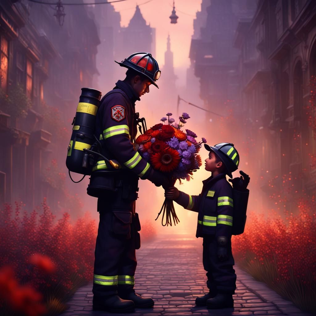 Boy Thanking Firefighter: Dark Fantasy Concept Art