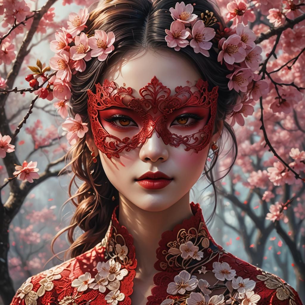 Intricate Red Mask Portrait with Cherry Blossom