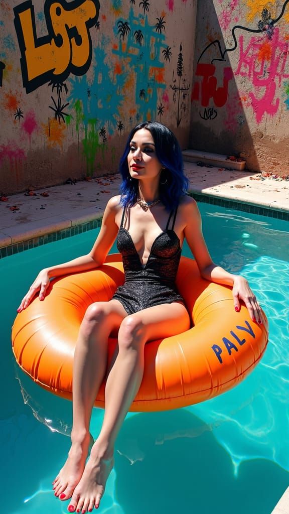 Halloween Pool Party with Morticia in Street Art Style