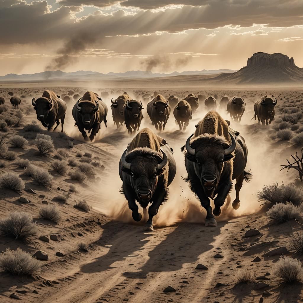 Buffalo Herd in Wild West: Charcoal Illustration