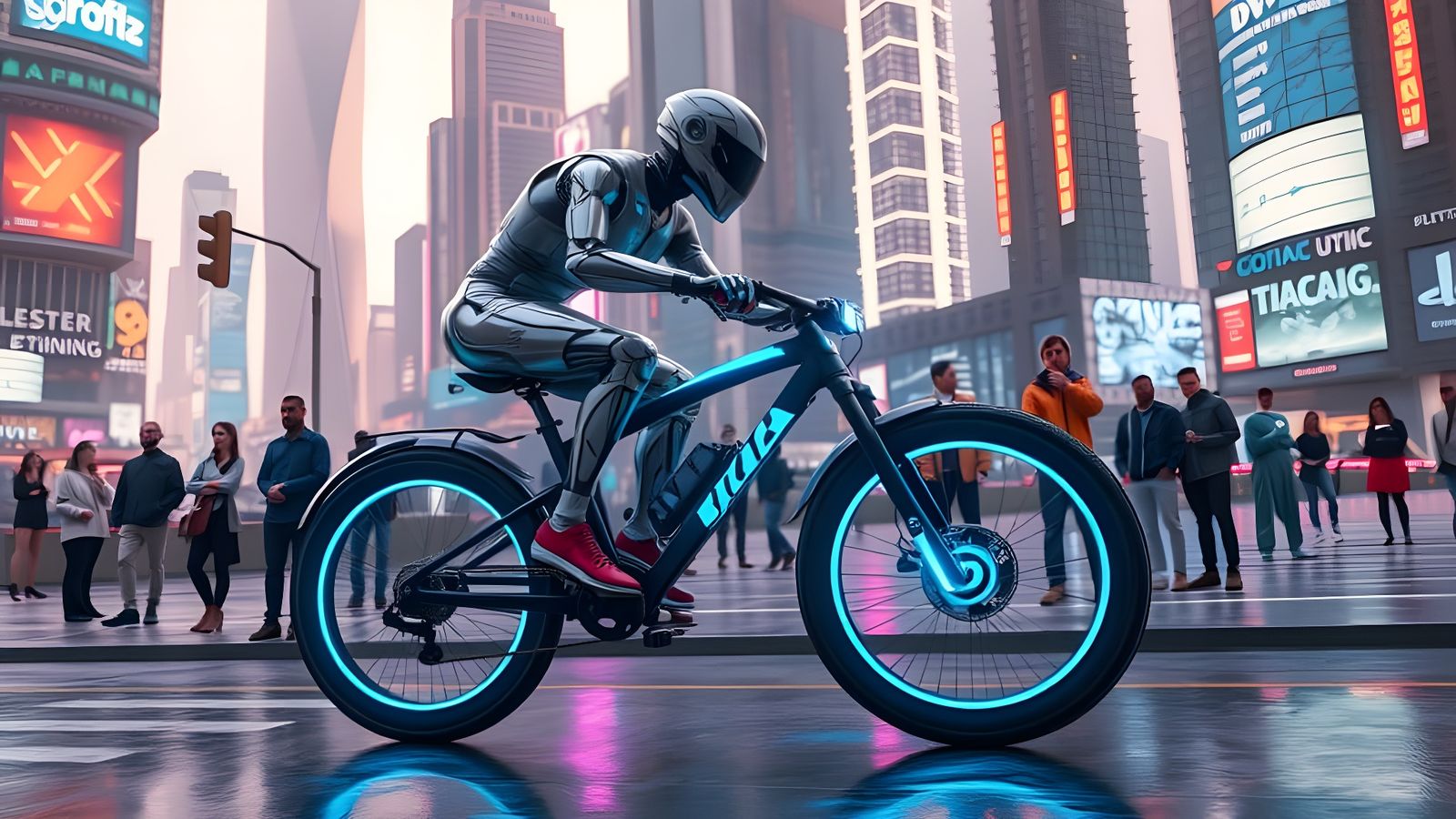 Robot Rides Bicycle in Futuristic City