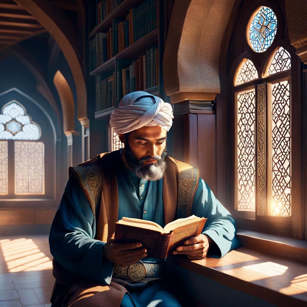 Medieval Arabic Scholar Reading Book in Library