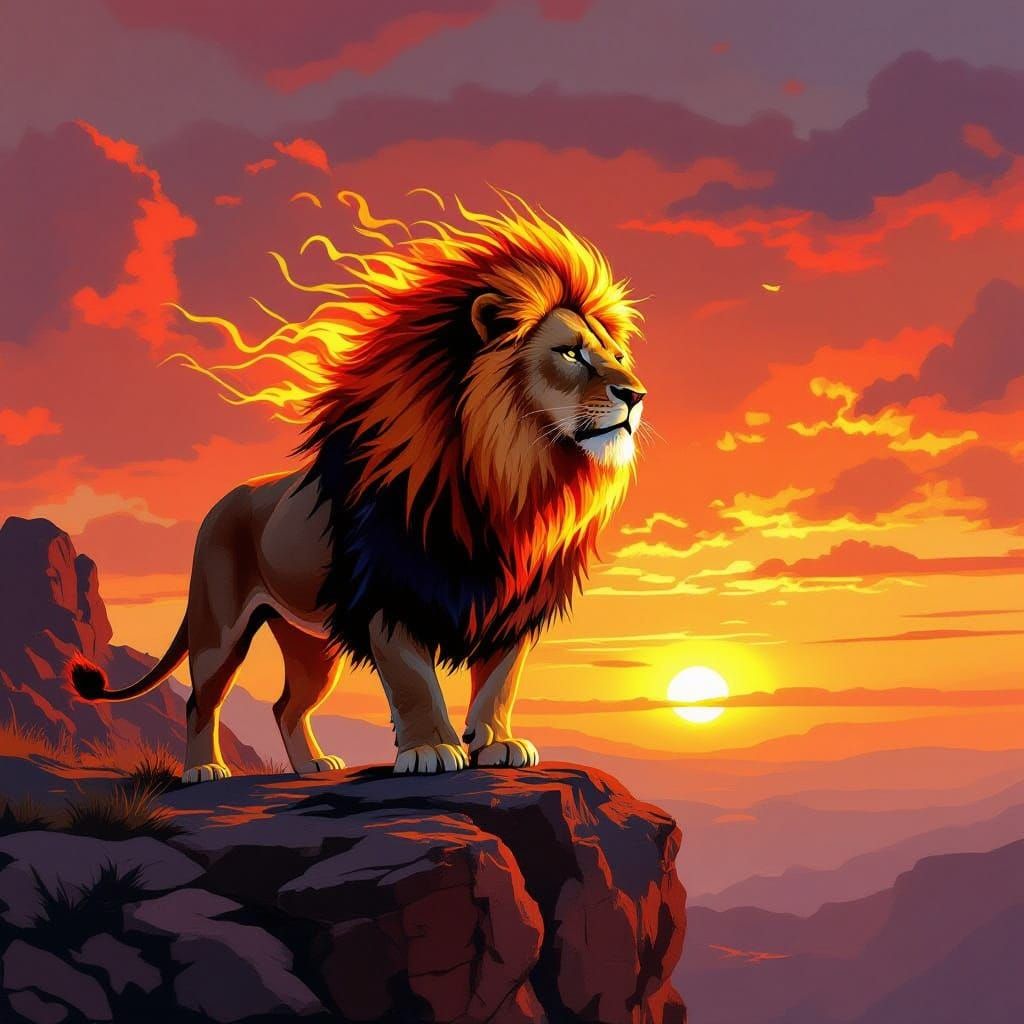Majestic Lion with Fiery Mane on Cliff at Sunset