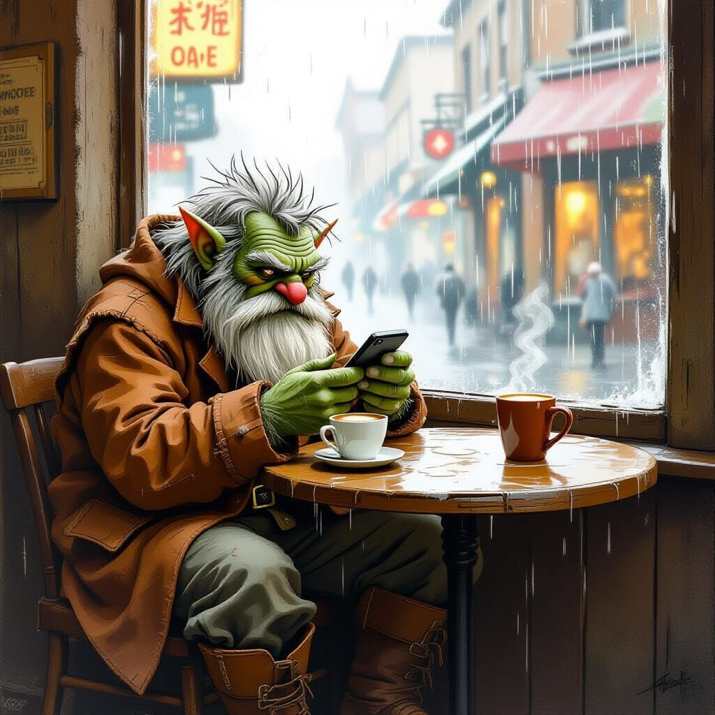 Troll Discovering Smartphone in Cozy Cafe